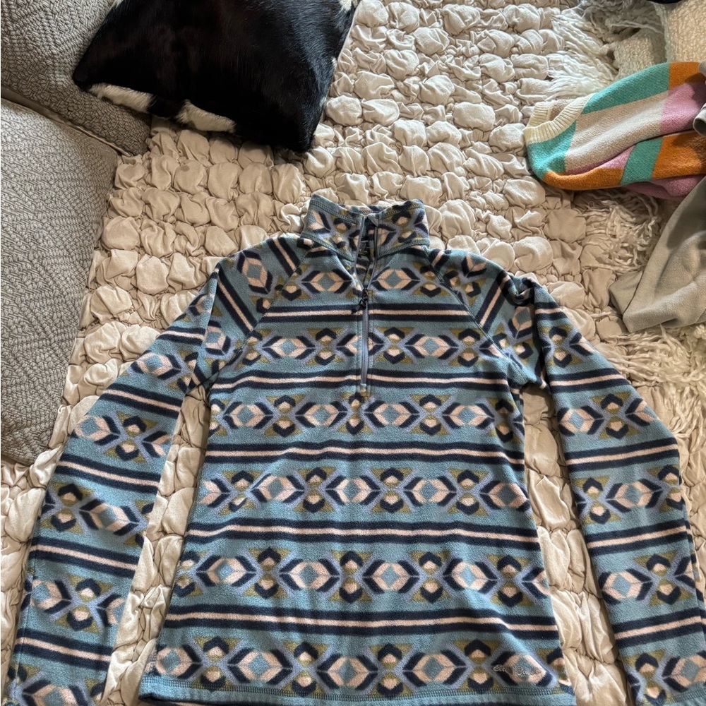 Eddie Bauer Blue and Gray Cowl Neck Sweater with Geometric Pattern